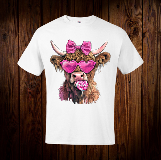 Highland Cow With Heart Glasses Pink Bow And Lollipop Shirt