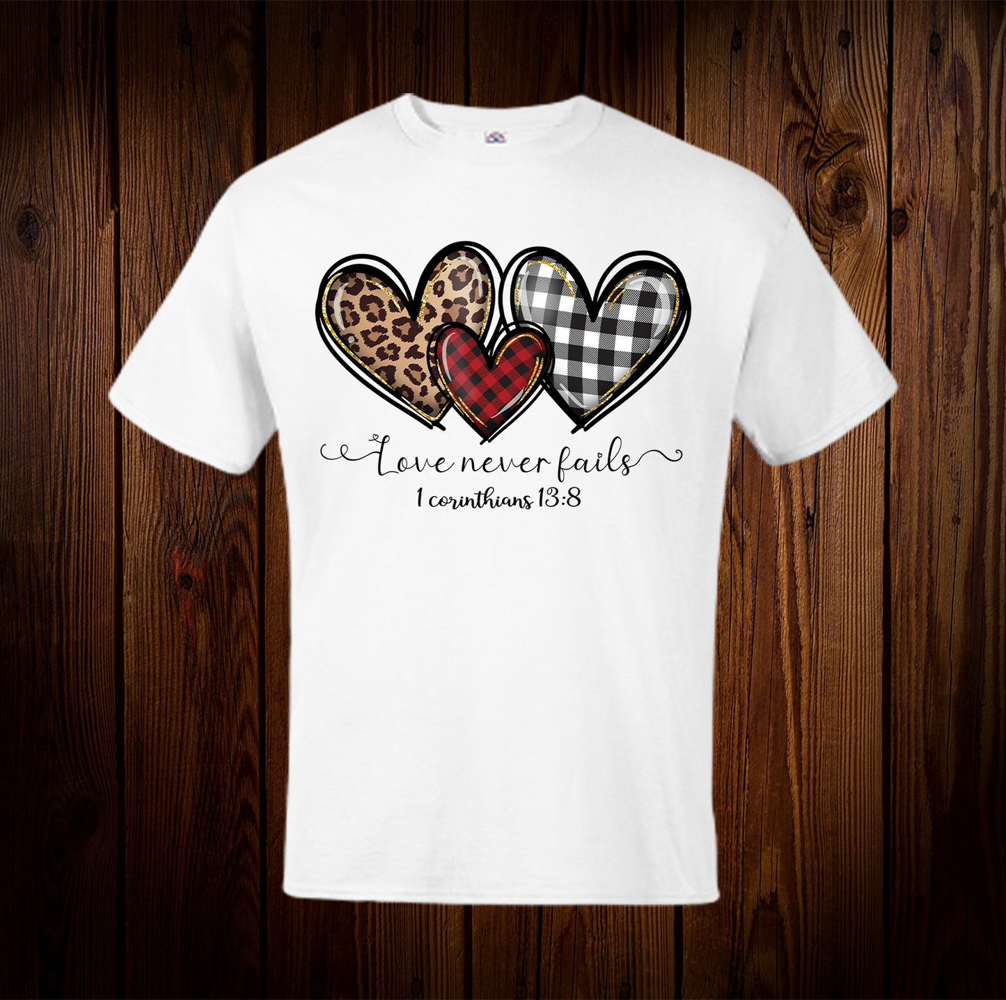 Love Never Fails with Plaid and Leopard Print Hearts Shirt