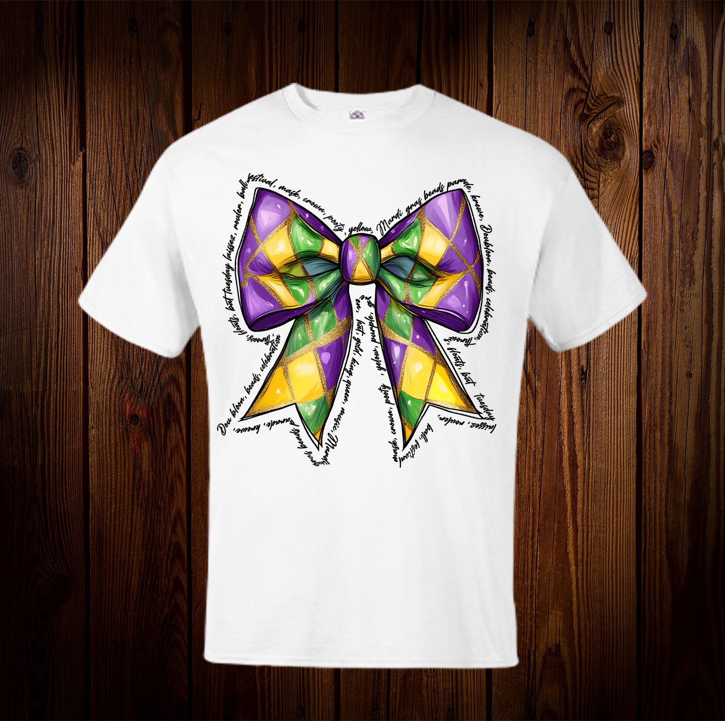 Purple, Yellow & Green Mardi Gras Bow Shirt