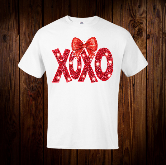 XOXO Red Bow In Glitter Font With Starburst Shirt